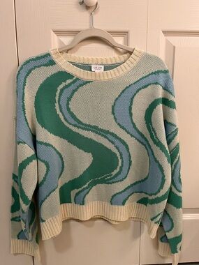 Le Lis Women's Cream & Green Wave Knit Sweater retro size small